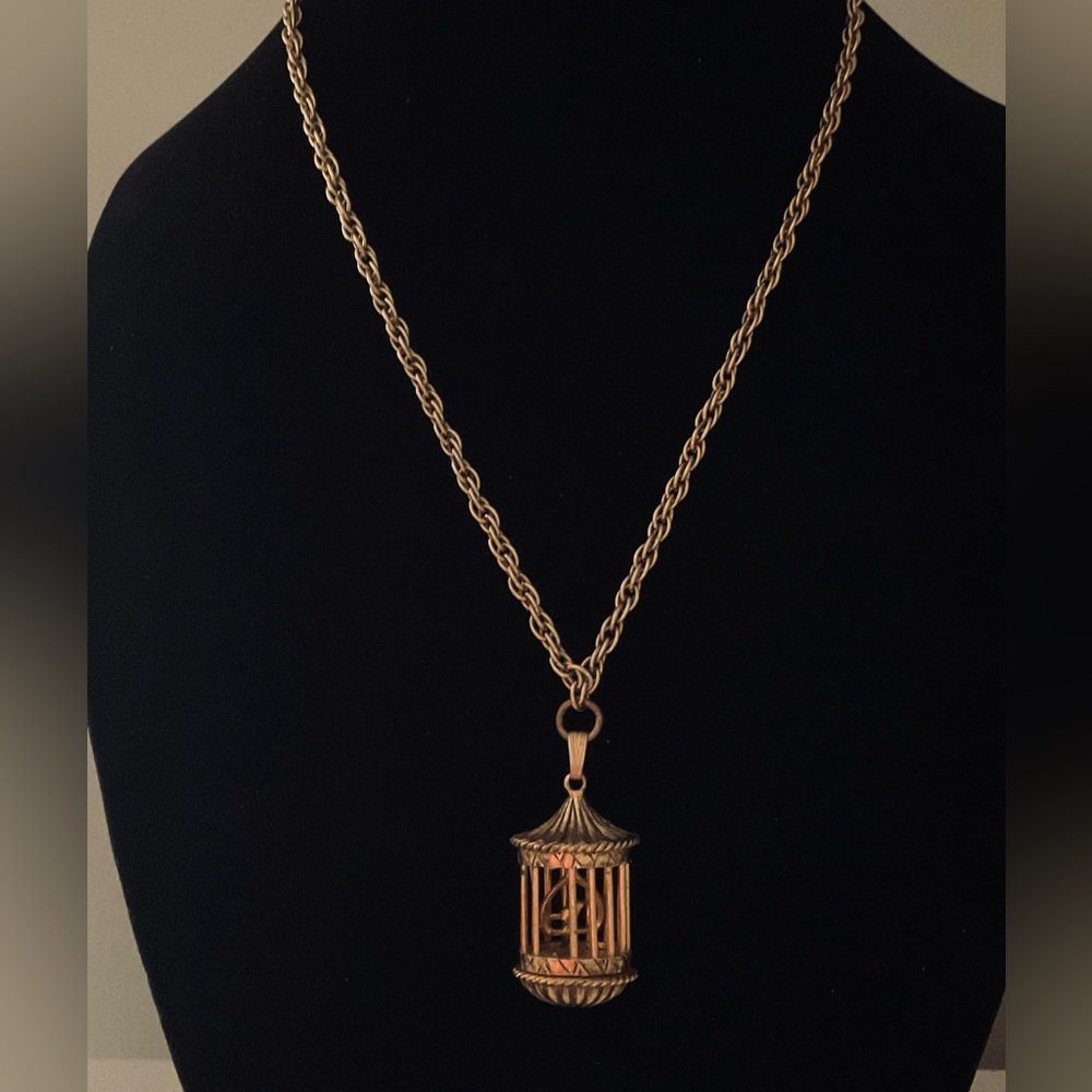#237 Vintage Bird Cage Solid Perfume Pendant Necklace by Fuller Brush Co. USA